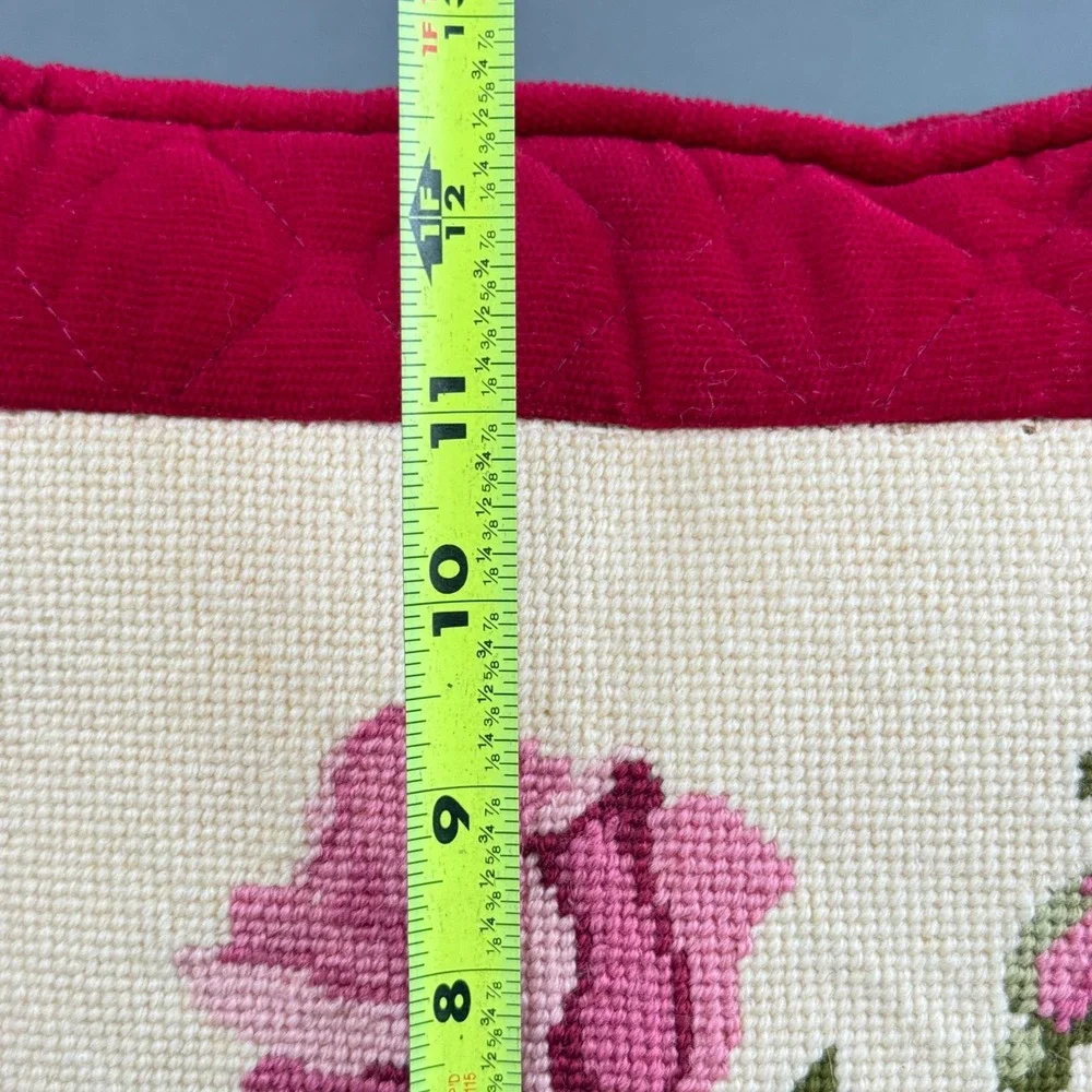 Vintage 1978 Needlepoint Rose Throw Pillow Red Quilted Velvet 12x12